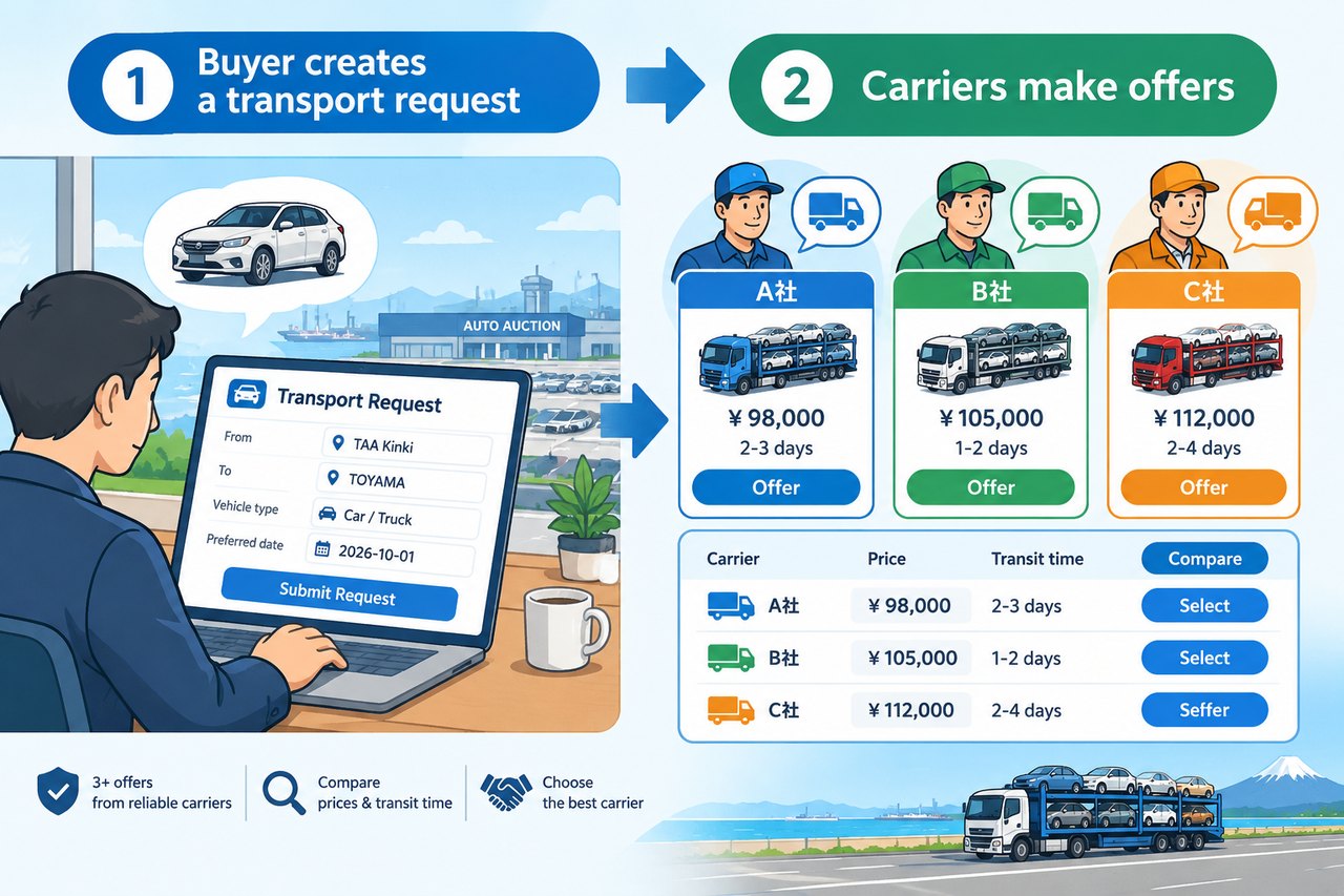 Buyer creates a transport request → carriers make offers
